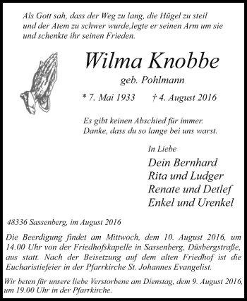 Traueranzeige von Wilma Knobbe von Die Glocke