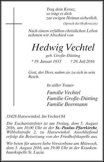 Traueranzeige von Hedwig Vechtel von Die Glocke