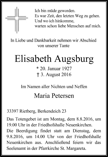 Traueranzeige von Elisabeth Augsburg von Die Glocke