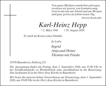 Traueranzeige von Karl-Heinz Hepp von Die Glocke