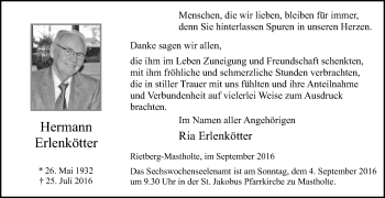 Traueranzeige von Hermann Erlenkötter von Die Glocke