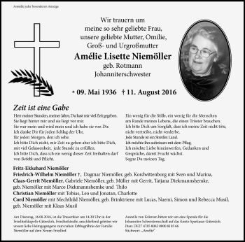 Traueranzeige von Amélie Lisette Niemöller von Die Glocke