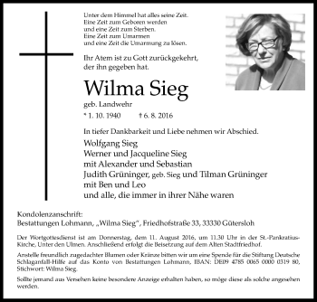 Traueranzeige von Wilma Sieg von Die Glocke
