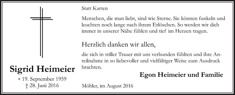  Traueranzeige für Sigrid Heimeier vom 20.08.2016 aus Die Glocke