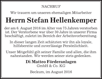 Traueranzeige von Stefan Hellenkemper von Die Glocke