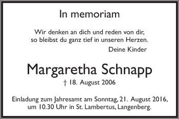 Traueranzeige von Margaretha Schnapp von Die Glocke