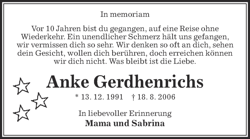  Traueranzeige für Anke Gerdhenrichs vom 18.08.2016 aus Die Glocke