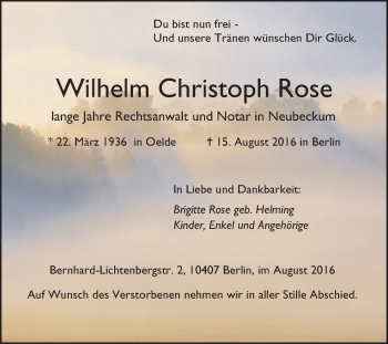 Traueranzeige von Wilhelm Christoph Rose von Die Glocke