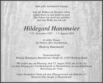 Traueranzeige von Hildegard Hansmeier von Die Glocke