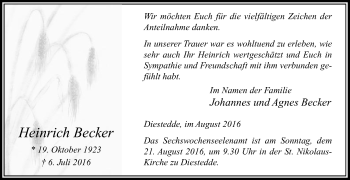 Traueranzeige von Heinrich Becker von Die Glocke