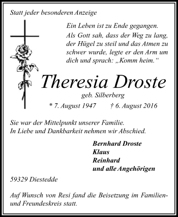 Traueranzeige von Theresia Droste von Die Glocke