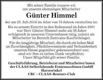 Traueranzeige von Günter Himmel von Die Glocke