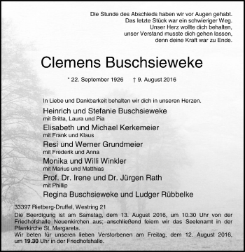 Traueranzeige von Clemens Buschsieweke von Die Glocke