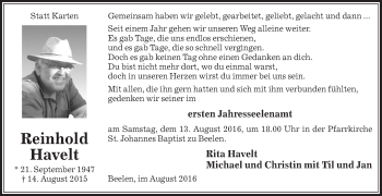 Traueranzeige von Reinhold Havelt von Die Glocke