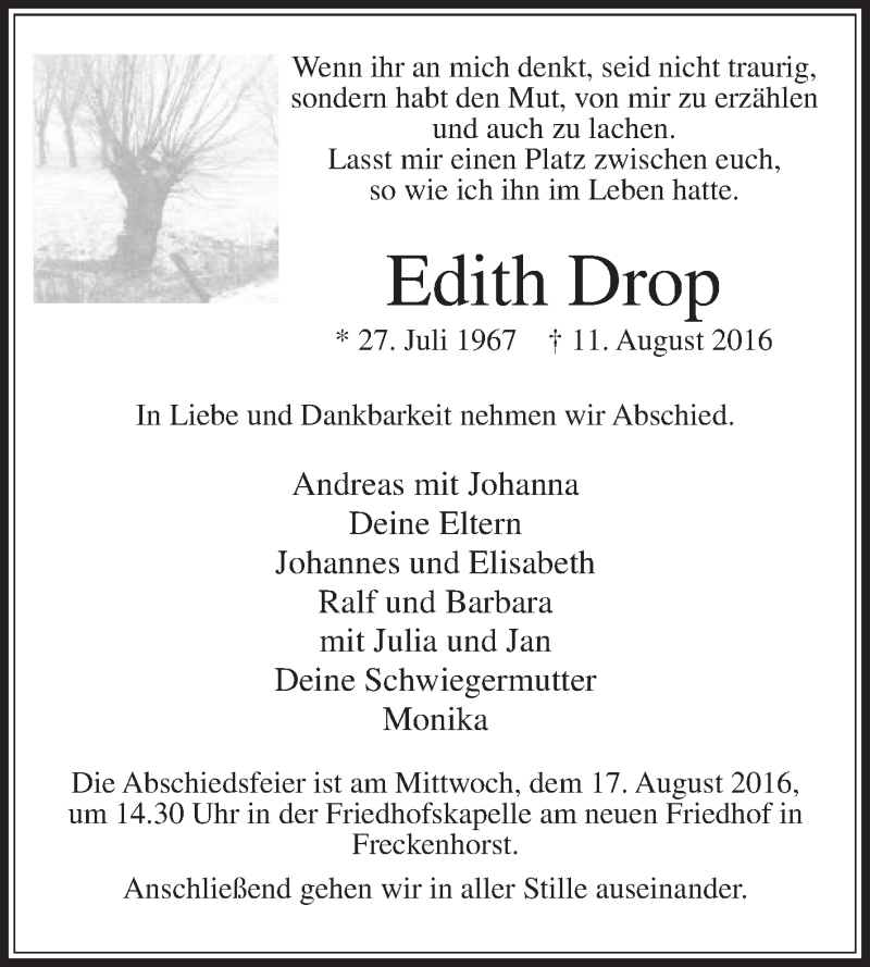  Traueranzeige für Edith Drop vom 15.08.2016 aus Die Glocke