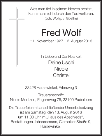 Traueranzeige von Fred Wolf von Die Glocke