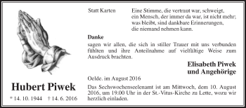 Traueranzeige von Hubert Piwek von Die Glocke