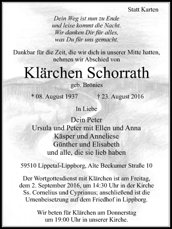 Traueranzeige von Klärchen Schorrath von Die Glocke