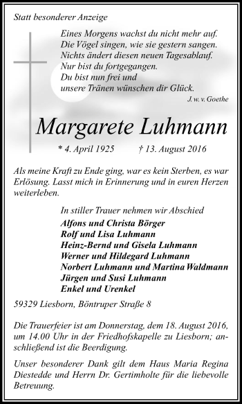 Traueranzeige von Margarete Luhmann von Die Glocke