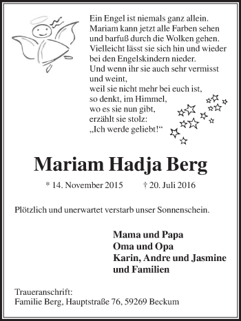 Traueranzeige von Mariam Hadja Berg von Die Glocke