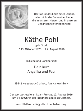 Traueranzeige von Käthe Pohl von Die Glocke