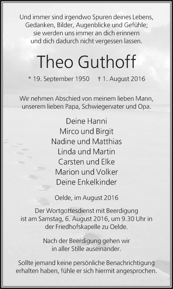  Traueranzeige für Theo Guthoff vom 04.08.2016 aus Die Glocke