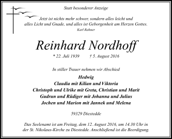 Traueranzeige von Reinhard Nordhoff von Die Glocke