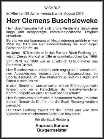 Traueranzeige von Clemens Buschsieweke von Die Glocke