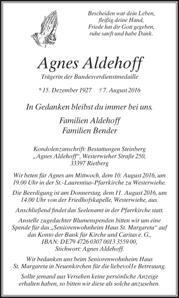 Traueranzeige von Agnes Aldehoff von Die Glocke