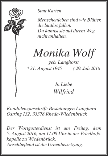 Traueranzeige von Monika Wolf von Die Glocke