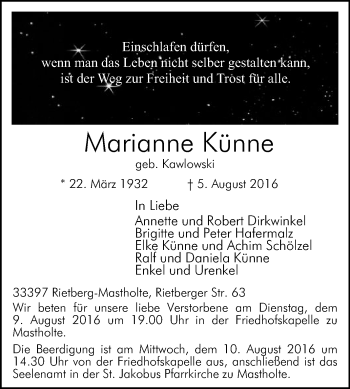 Traueranzeige von Marianne Künne von Die Glocke