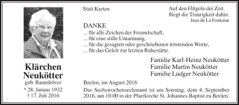 Traueranzeige von Klärchen Neukötter von Die Glocke