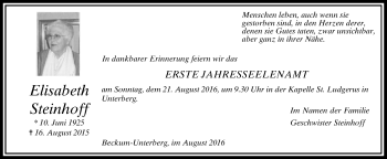 Traueranzeige von Elisabeth Steinhoff von Die Glocke