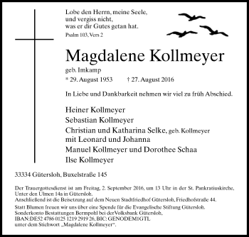 Traueranzeige von Magdalene Kollmeyer von Die Glocke