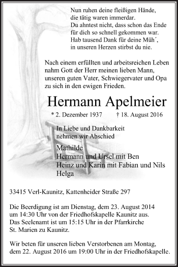 Traueranzeige von Hermann Apelmeier von Die Glocke