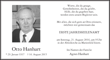 Traueranzeige von Otto Hanhart von Die Glocke
