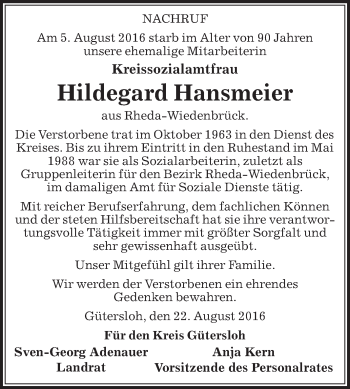 Traueranzeige von Hildegard Hansmeier von Die Glocke