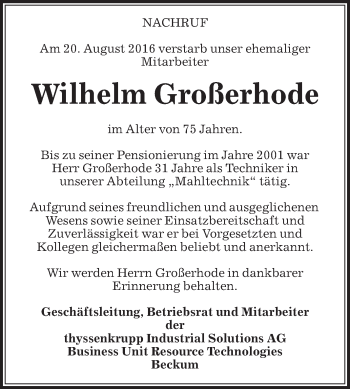 Traueranzeige von Wilhelm Großerhode von Die Glocke