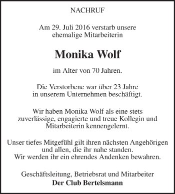 Traueranzeige von Monika Wolf von Die Glocke