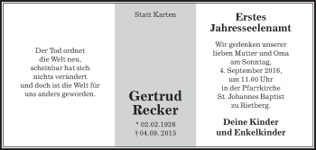 Traueranzeige von Gertrud Recker von Die Glocke