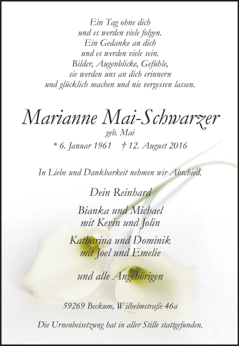 Traueranzeige von Marianne Mai-Schwarzer von Die Glocke