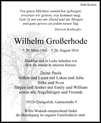 Traueranzeige von Wilhelm Großerhode von Die Glocke