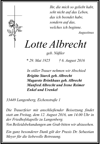 Traueranzeige von Lotte Albrecht von Die Glocke