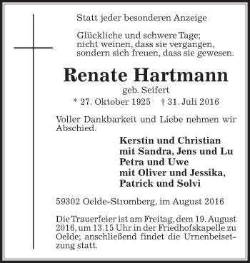 Traueranzeige von Renate Hartmann von Die Glocke