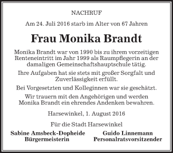 Traueranzeige von Monika Brandt von Die Glocke