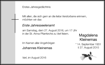Traueranzeige von Magdalena Kleinemas von Die Glocke