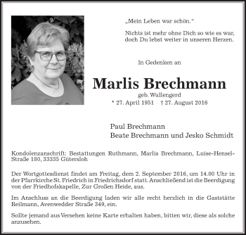 Traueranzeige von Marlis Brechmann von Die Glocke