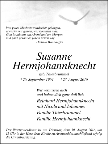 Traueranzeige von Susanne Hermjohannknecht von Die Glocke