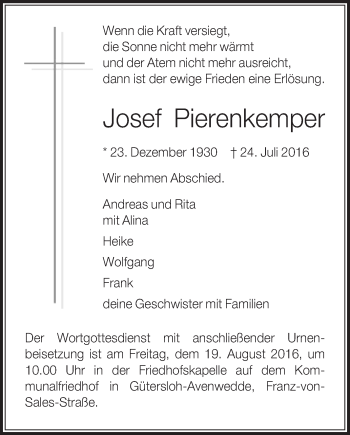 Traueranzeige von Josef Pierenkemper von Die Glocke