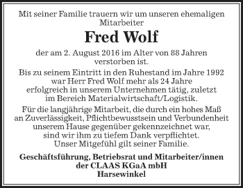 Traueranzeige von Fred Wolf von Die Glocke